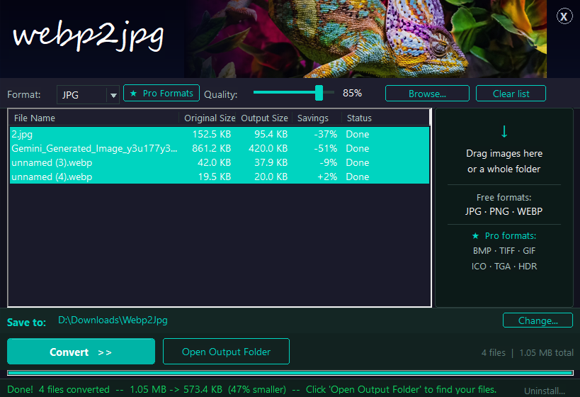 Webp2Jpg app screenshot - batch conversion finished with file size savings