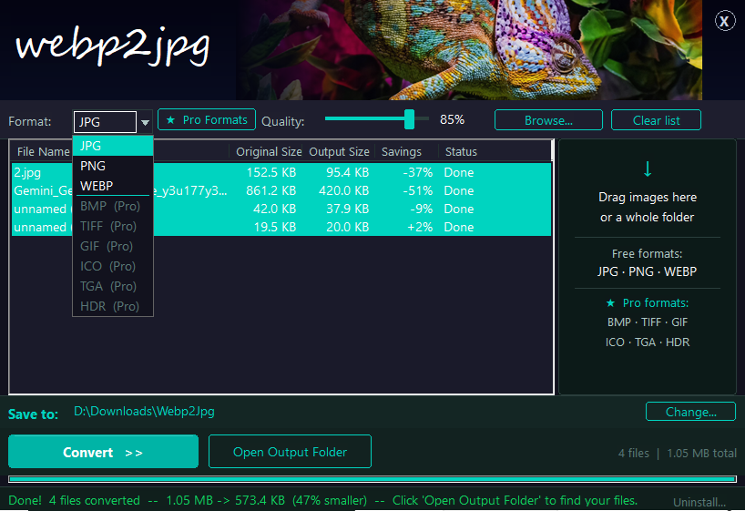 Free version format list - JPG, PNG and WEBP available, Pro formats greyed out