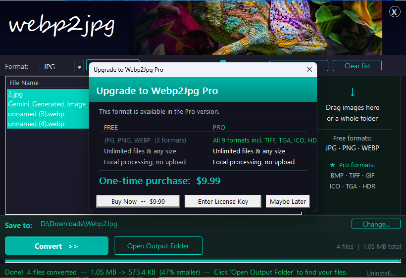 Upgrade to Webp2Jpg Pro dialog showing Free vs Pro comparison and one-time $9.99 price